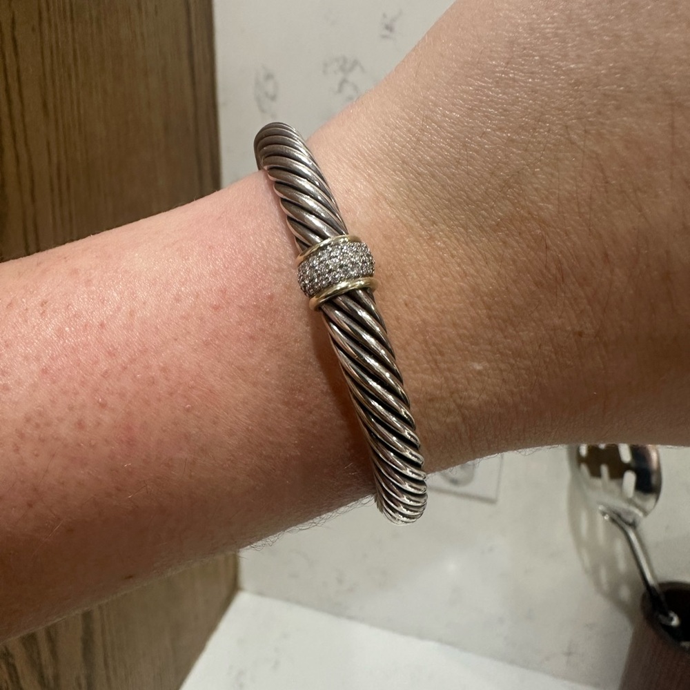 18k Gold Pave Diamonds David Yurman 7mm Sterling Silver Cable Bracelet